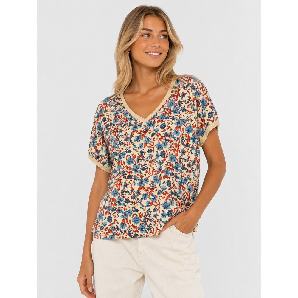 Gerard Darel Paris Cotton Blend Floral Classic V-Neck Top Cream Blue Red 2 XS